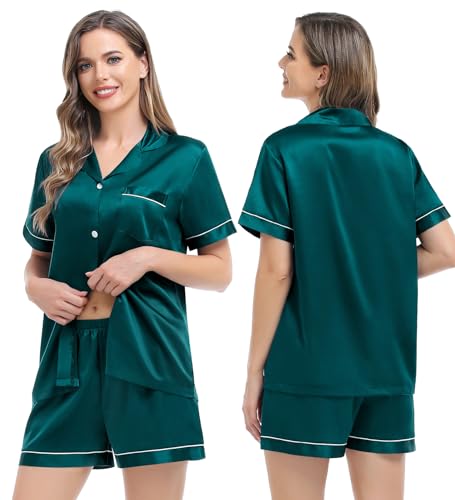 Image of SWOMOG Women Matching Pajamas Set Silk Satin Sleepwear Short Sleeve Button Down Pj Set 2 Pcs Loungewear Green Medium
