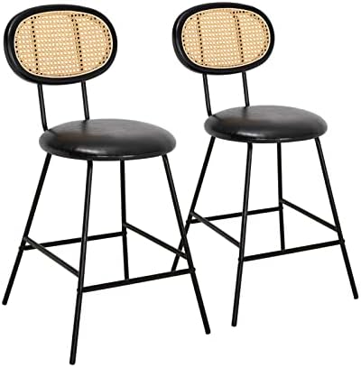 Scurrty Rattan Bar Stool, Counter Height Bar Stools, Indoor Leather Bar Stoolswith Metal Leg & Rattan Backrest, Armless Dining Room Chairs for Kitchens Island (Black, Set of 1)