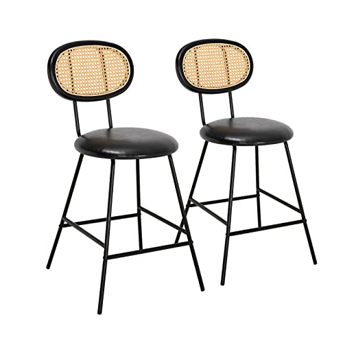 Scurrty Rattan Bar Stool, Counter Height Bar Stools, Indoor Leather Bar Stoolswith Metal Leg & Rattan Backrest, Armless Dining Room Chairs For Kitchens Island (Black, Set Of 1) #TOP8