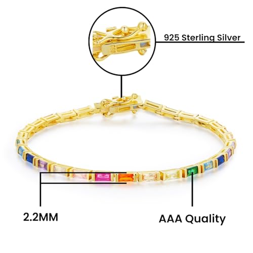 AFFY 14k Gold Plated 925 Sterling Silver Colourful Bar Setting Rainbow Baguette Sparkling Multi Color Sapphire Gemstone Tennis Bracelet, Jewelry for womens2