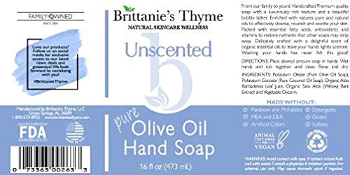 Brittanie's Thyme Organic Natural Hand Soap, 16 Oz (Unscented) Moisturizing Castile Soap Made Olive Oil And Natural Luxurious Essential Oils. Vegan, Gluten & Cruelty Free, #TOP2
