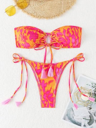 GORGLITTER Women's Strapless Swimsuit Bandeau Floral High Cut Thong Cheeky Sexy Bikini Set3
