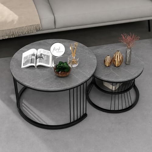Image of Roldo Modern Nesting Coffee Table Set of 2 for Living Room, Round Coffee & Side Table with Metal Frame and Marble Finish MDF Top, Center Table for Sofa, Home Decor Office & Apartment (Black Grey)