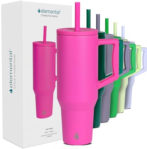 Image of Elemental Spill Proof 40oz Insulated Tumbler with Handle & Straw Travel Mug | Stainless Steel Commuter Travel Coffee Mug for Cold Beverages, Includes 2 Straws & a Spill Proof Lid for Everyday Use