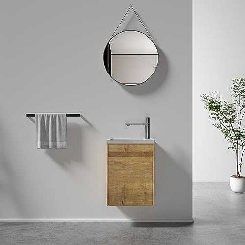 Tona 16” Bathroom Vanity With Sink Combo For Small Space, Modern Design Wall Mounted Vanity Set With Single Door & Invisible Handle, Small Bathroom Sink Cabinet Set (Faucet Not Included) (Wood) #TOP7