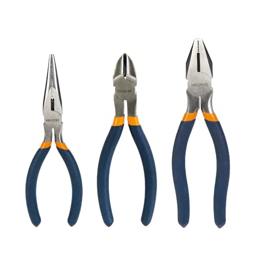 MANUFORE 3-Piece Household Pliers Set, 6 Inch Long Needle Nose,7 Inch lineman, 6 Inch diagonal pliers, Multi-Purpose Hand Tools for DIY and Home Use