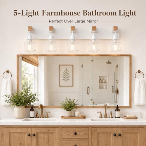 Image of Farmhouse Vanity Light Fixture,5-Light Bathroom Lighting,White Modern Wood Wall Light Over Mirror with Metal Shade,LED Bulbs Not Included