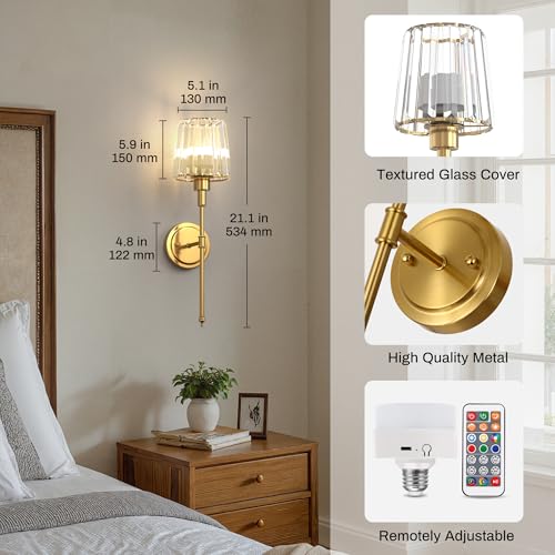 Image of DORESshop Battery Operated Wall Sconce Set of 2, Wireless Wall Light, 15 Color Rechargeable Wall Sconces, Sconce Wall Decor Set of 2 for Bedroom, Living Room, Gold and Crystal, 24.6in