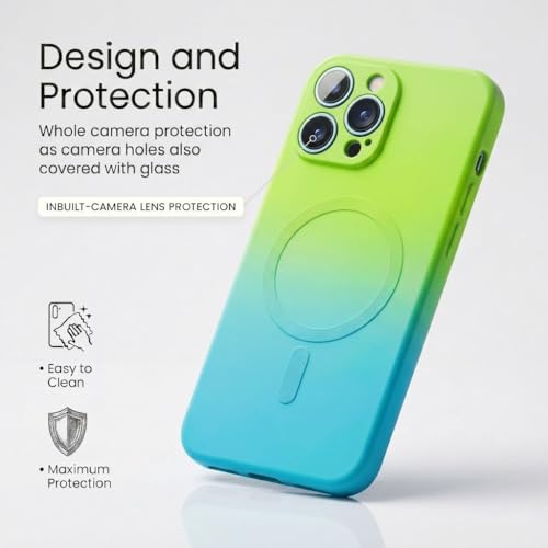 Image of amazon basics Gradient Mag-Safe Case for iPhone 13 Pro Max | Soft Silicone Shockproof Cover with Camera Protection | Slim Lightweight Design | Smooth Touch & Durable - Green & Blue
