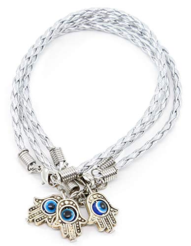 Body-Soul-n-Spirit Bracelets 3 Hamsa Bracelets - Kabbalah Bracelets with Rotating Lucky Eye Hamsa and White Braided String - Judaica Amulet Pendant Jewelry Bracelets