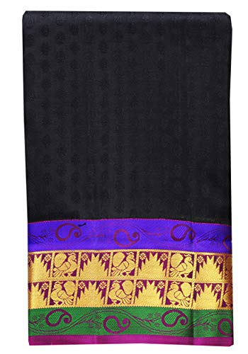 SARAVANABAVA SILKS Women's Kanchipuram Pure Pattu With Art Mix Meena Border Empossed Body (SRBS00P915-4_Black 5.2 Mts)