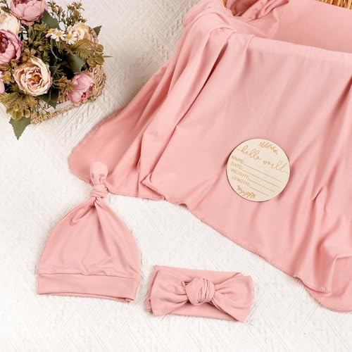 Image of TANOFAR 4-Pack Newborn Swaddle Blanket for Baby Girls & Boys, Ultra Soft Receiving Blankets with Matching Headband and Beanie Set Baby Nursery Swaddle Wrap (Pink)