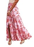 Happy Sailed Women's Skirts Summer Beach Boho Dresses Floral Printed High Waist Split A Line Long Maxi Skirt with Pockets Pink Medium