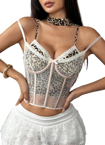 jascaela Womens Leopard Tank Top Y2K Sleeveless Lace Crop Tops Party Club Sexy Cami Top