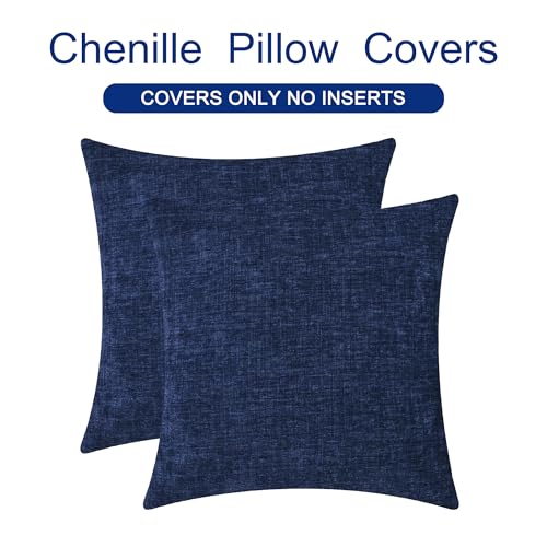 Image of Pack of 2 CaliTime Throw Pillow Covers Cases for Couch Sofa Home Decor, Solid Dyed Soft Chenille, 18 X 18 inches, Navy