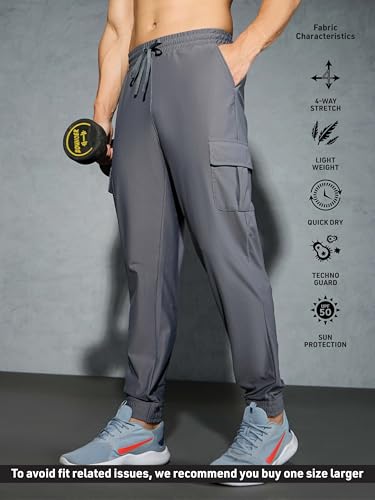 Image of TECHNOSPORT Men's Solid Slim Fit Sports Cargo Joggers DURACOOL+ Quick Dry Breathable Moisture Wicking Stretch Gym Track Pants Running Training Fitness Activewear