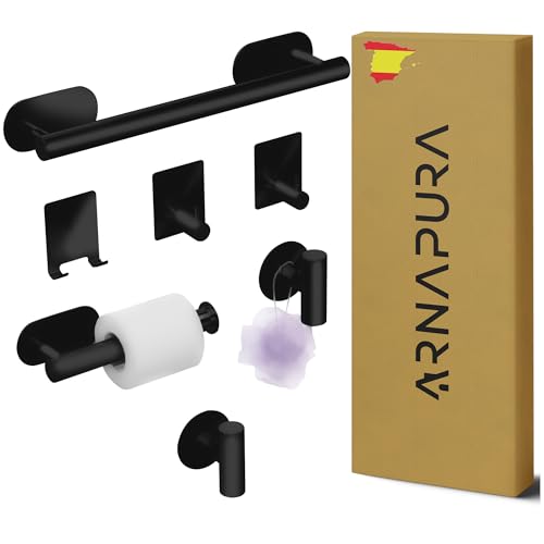 ARNAPURA Toalleros de Baño sin Taladro | Pack 7 PCS Accesorios Baño Negro sin Taladro de Acero Inoxidable 304 | Incluye Adhesivo Ultraresistente