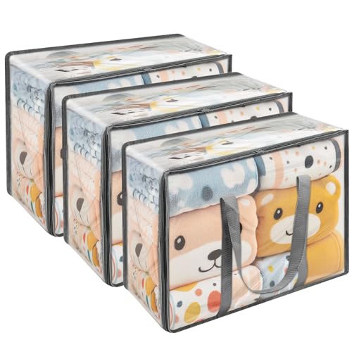 Vieshful Clear Clothes Storage Bag Organizer with Grey Reinforced Handle, 18.1 X 15 X 9.1 in, Storage Bag for Comforter, Blanket, Bedding, Duvet, Transparent Moving Totes with Sturdy Zipper, 3 Pack