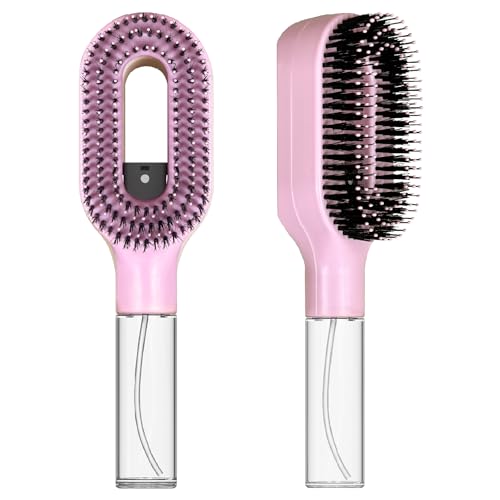 2-in-1 Manual Non-Electric Detangler Hair Brush with Built-In Mister Spray Wet & Dry Detangling Brush for Curly Wavy & Straight Hair No-Tangle Anti-Frizz BrushReservoir 50ml.(Pink)