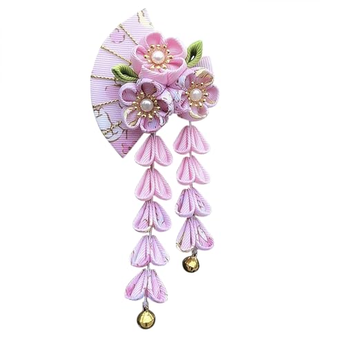 Pinza con borla japonesa para cabello en forma de abanico rosa miniatura 1