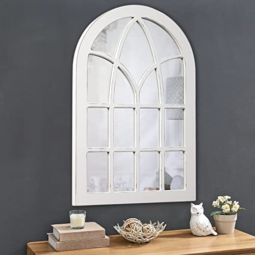 Farmhouse Large Arched Window Pane Mirror Wall Decor 36" X 24", Hanging Rustic White Mirror Window Wall Decor, Decorative Cathedral Wall Mounted Wood Mirror For Living Room Fireplace Bedroom Entryway #TOP2