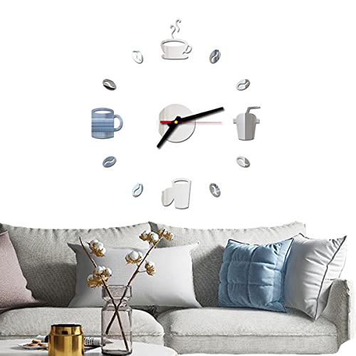 20-30 Inch Adjustable Coffee Time 3D Frameless Large DIY Acrylic Wall Clock, Mirror Wall Clock for Home Living Room Bedroom Kitchen Bathroom Office Decoration (Silvery)