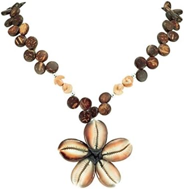 BlueRica Cowrie Flower Pendant on Wood Disk Bead Necklace