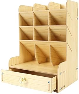Catekro Office Storage Box Large Capacity Office Supplies Multifunction Stationery Storage Box Pen Holder Solid Wood For Debris Shelf (White)