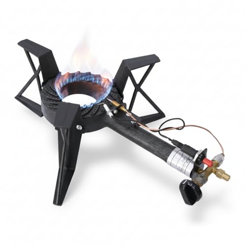 Melko Cuisinière à tabouret Allumage piézoélectrique 3 pieds 6,5KW Brûleur à gaz Cuisinière à gaz en fonte acier Cuisinière à gaz de camping