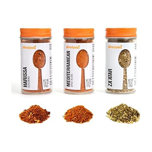 Allrecipes Taste of Morocco (Harissa, Mediterranean Blend, Za'atar) in Glass Jars with Removable Sifter Caps for Sprinkling, Set of 3, Clear, 9.63 x 6.13 x 2-Inch