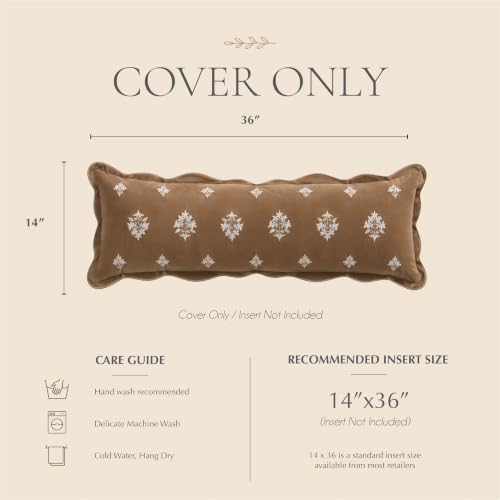BlissBlush Long Lumbar Pillow Cover 14x36 for Bed, Brown Velvet Decorative Lumbar Pillow Cover, Floral Accent Cushion Cover with Embroidery and Scalloped Edge for Couch Sofa Bed, Cover ONLY - image 6