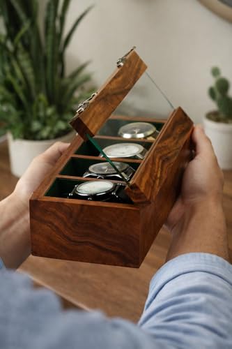 Image of Elegant Wooden Watch Box with Glass Display - 4 Slot Luxury Watch Organizer, Gift for Men