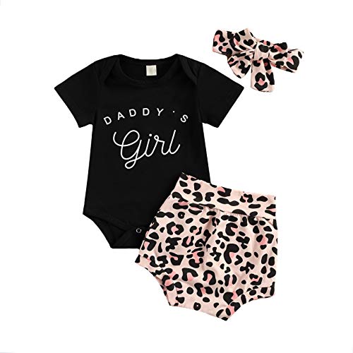 Image of Kaipiclos Newborn Infant Baby Girl Clothes Mamas Girl Letter Romper Short Sleeve Tops Leopard Shorts Pants 3Pc Summer Outfits (Daddys Girl, 0-3 Months)