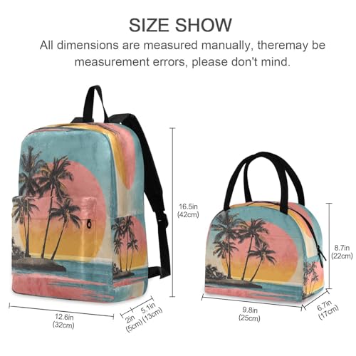 MCHIVER Island Sunset Red School Backpacks for Boys & Girls Light Weight Bookbag set with Lunch Box Back Packs for School Work 2 Pcs 16.5 Inch4