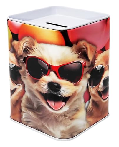 Boîte tirelire design animaux chiens lunettes en métal étain ouvert 11 x 8 cm