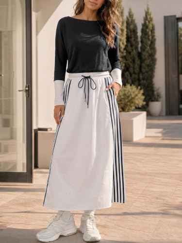 Fisoew Womens Casual Dresses Long Sleeve Oversized Sweatshirt Patchwork Drawstring Waist Color Block Loose A Line Maxi Dress Black — view 2