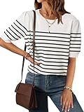 ZESICA Women's Casual Striped Tops Short Sleeve Crew Neck Ribbed Knit T Shirts Comfy Loose Basic Pullover Sweater,White,Large