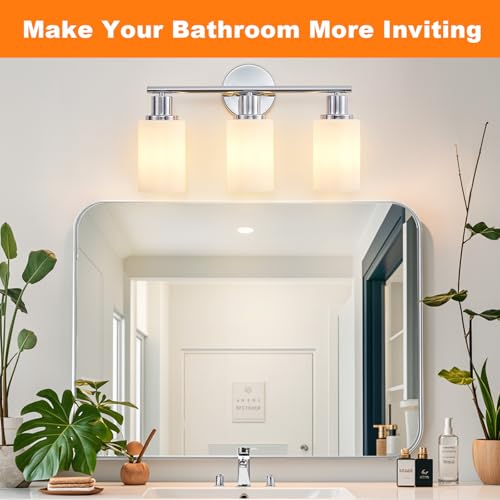 Image of DLLT 3-Light Bathroom Light Fixtures: Chrome Modern Vanity Lights with E26 Bulbs - Milky White Glass Shade Bathroom Wall Lamp for Mirror Kitchen Living Room Hallway Cabinet Porch