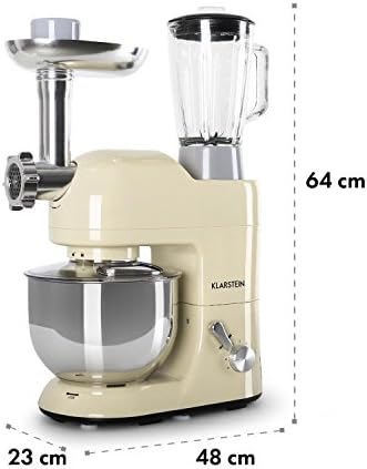 Klarstein Lucia - Stand Mixer, Food Processor and Blender, Meat Grinder, 1300 W, 5 liters, Planetary Mixing System, Mixing Cup, 6-Speed, Various Attachements, Stainless Steel Bowl, Cream