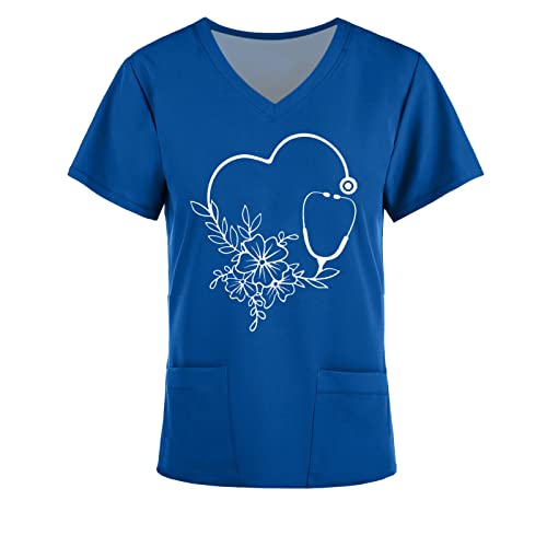 Work Scrub Top Feminino Outono Verão Conforto Roupas Cor Moda Manga Curta Gola V Blusa Gráfica para
