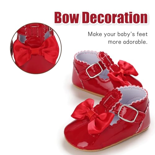 Image of Baby Girl Mary Jane Flats Dress Shoes - Infant Newborn Shoes Anti-Slip Soft PU Leather Party School Wedding Princess Baby Girl Shoes 0-18M