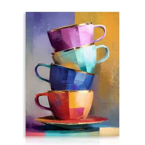 Dazzlewall Lámina Tazas Café Coloridas, Obra de Arte de Tazas Vibrantes para Café Cocina Moderna Comedor 30×40 cm Sin Marco