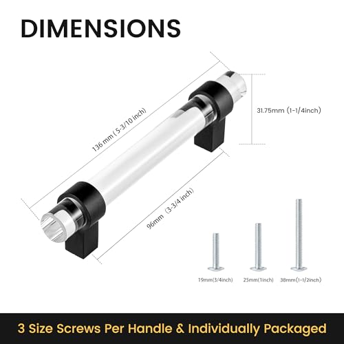 BonKuDoo 5 Pack Clear Glass Crystal Drawer Pulls and Handles, 3-3/4 Inch Matte Black Cabinet Pulls for Kitchen (96mm) by BonKuDoo - Image 2