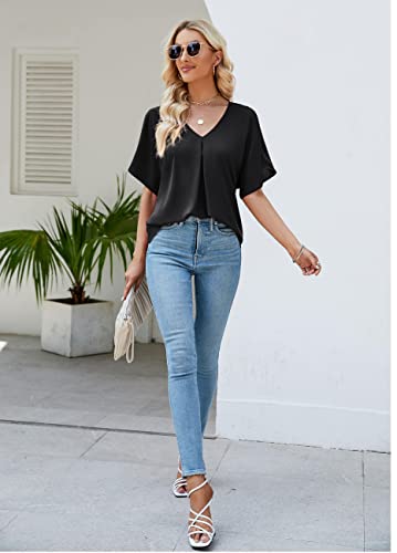Beluring Womens Summer Blouse Bat Sleeve V Neck Tunic Tops Business Shirt (Black, M) #TOP2