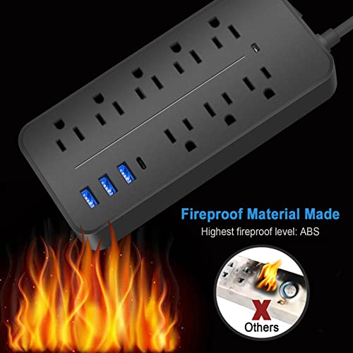 Extensión eléctrica Romatico Black-08 con protector de sobretensión, 12 tomas y 4 puertos USB, cable trenzado de 1.22 m con enchufe plano miniatura 5