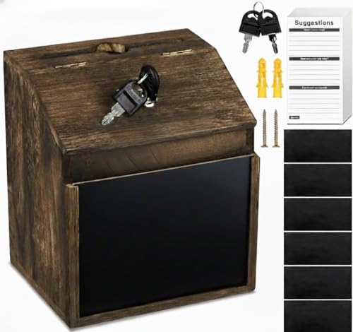 AFOROEOA Wood Suggestion Box with Lock - 6 Chalkboard, 100 Suggestion Cards, Tip Jar, Wall Mountable Donation Box, 8x7x6Inches