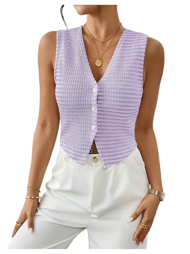 OYOANGLE Women's Striped Button Front V Neck Knit Vest Top Slit Hem Dressy Tank Tops
