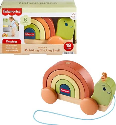Fisher-Price Wood Toddler Toy Pull-Along Stacking Snail, Tiny Garden 6-Piece Wooden Activity for Motor Skill Development Kids Ages 18+ Months