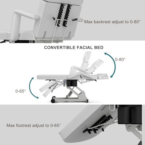 OKAKOPA Electric Lift Esthetician Bed Tattoo Chair for Client, Adjustable Backrest and Legrest Facial Spa Chair with Wheel, Massage Table for Beauty Microblading, Wax, White