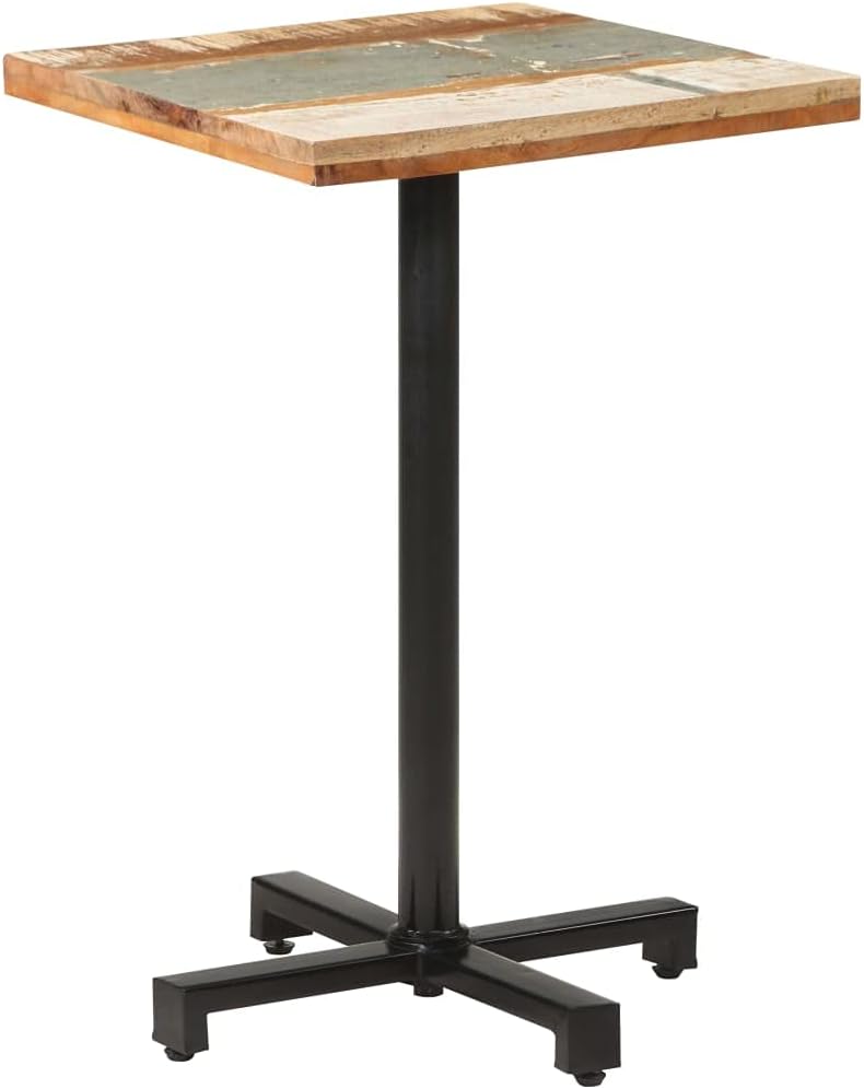 Bistro Table Mixed Color Solid Reclaimed Wood Powder-Coated Iron Frame for Indoor Outdoor Use Rustic Charm Modern Durability 19.7in by 19.7in Height 29.5in